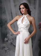 White High-neck Floor-length Ruched Prom Dress Low Price Inexpensive