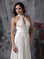 White High-neck Floor-length Ruched Prom Dress Low Price Inexpensive