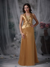 Halter Top Floor-length Prom Party Dress Golden Color Inexpensive