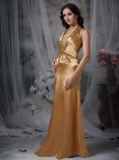 Halter Top Floor-length Prom Party Dress Golden Color Inexpensive