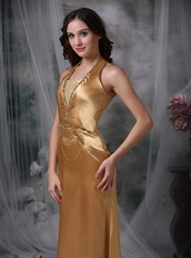 Halter Top Floor-length Prom Party Dress Golden Color Inexpensive