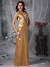 Halter Top Floor-length Prom Party Dress Golden Color Inexpensive