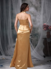 Halter Top Floor-length Prom Party Dress Golden Color Inexpensive