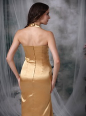 Halter Top Floor-length Prom Party Dress Golden Color Inexpensive