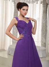 Purple Chiffon 2014 Prom Dress With Straps Floor-length Skirt Inexpensive