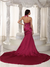 Fuchsia Chapel Train Prom Dress With Halter Top Skirt 2014 Inexpensive