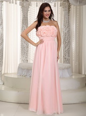 Baby Pink Chiffon Prom Dress With Rosette Flowers Bodice Inexpensive