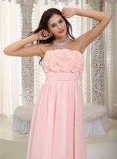 Baby Pink Chiffon Prom Dress With Rosette Flowers Bodice Inexpensive