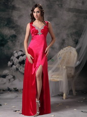Coral Red V Neck Cross Back Elastic Satin Prom Dress With Split Inexpensive