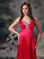 Coral Red V Neck Cross Back Elastic Satin Prom Dress With Split Inexpensive