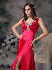 Coral Red V Neck Cross Back Elastic Satin Prom Dress With Split Inexpensive