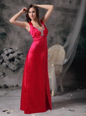 Coral Red V Neck Cross Back Elastic Satin Prom Dress With Split Inexpensive