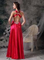 Coral Red V Neck Cross Back Elastic Satin Prom Dress With Split Inexpensive