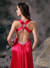 Coral Red V Neck Cross Back Elastic Satin Prom Dress With Split Inexpensive