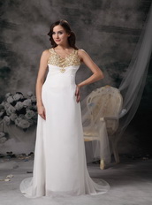 V-neck Cross Back White Chiffon Prom Dress With Golden Details Inexpensive