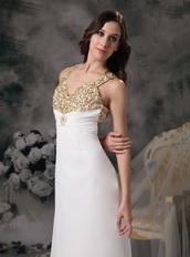 V-neck Cross Back White Chiffon Prom Dress With Golden Details Inexpensive