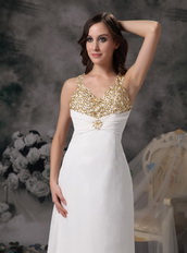 V-neck Cross Back White Chiffon Prom Dress With Golden Details Inexpensive