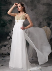 V-neck Cross Back White Chiffon Prom Dress With Golden Details Inexpensive