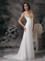 V-neck Cross Back White Chiffon Prom Dress With Golden Details Inexpensive