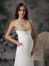 V-neck Cross Back White Chiffon Prom Dress With Golden Details Inexpensive