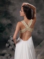 V-neck Cross Back White Chiffon Prom Dress With Golden Details Inexpensive