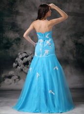 Aqua Blue Mermaid Strapless Organza Appliqued Evening Dress Inexpensive