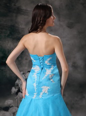 Aqua Blue Mermaid Strapless Organza Appliqued Evening Dress Inexpensive