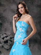 Aqua Blue Mermaid Strapless Organza Appliqued Evening Dress Inexpensive