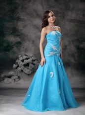 Aqua Blue Mermaid Strapless Organza Appliqued Evening Dress Inexpensive