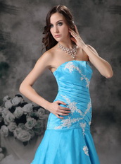 Aqua Blue Mermaid Strapless Organza Appliqued Evening Dress Inexpensive