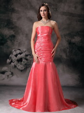 Watermelon Red Taffeta Mermaid Strapless Prom Dress Lady Inexpensive