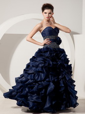 Navy Blue Princess Floor-length Ruffles Skirt Prom Dress Inexpensive