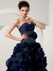 Navy Blue Princess Floor-length Ruffles Skirt Prom Dress Inexpensive