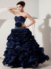 Navy Blue Princess Floor-length Ruffles Skirt Prom Dress Inexpensive