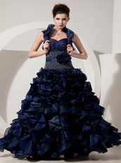 Navy Blue Princess Floor-length Ruffles Skirt Prom Dress Inexpensive