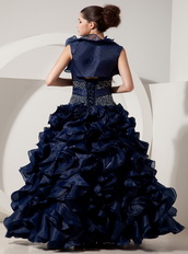 Navy Blue Princess Floor-length Ruffles Skirt Prom Dress Inexpensive