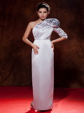One Shoulder Long Sleeve Single Silver Prom Dress With Flower Inexpensive