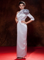 One Shoulder Long Sleeve Single Silver Prom Dress With Flower Inexpensive