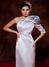 One Shoulder Long Sleeve Single Silver Prom Dress With Flower Inexpensive