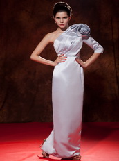 One Shoulder Long Sleeve Single Silver Prom Dress With Flower Inexpensive