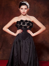 Black Hand Made Flowers Prom Dress With Tea-length Taffeta Skirt Inexpensive