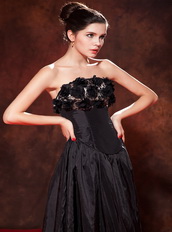 Black Hand Made Flowers Prom Dress With Tea-length Taffeta Skirt Inexpensive