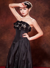 Black Hand Made Flowers Prom Dress With Tea-length Taffeta Skirt Inexpensive