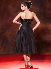 Black Hand Made Flowers Prom Dress With Tea-length Taffeta Skirt Inexpensive