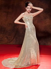 Golden Sequin Evening And Prom Dresses UK With Brush Train Inexpensive