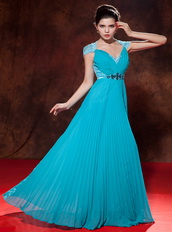 Teal V-neck Floor-length Chiffon Lace Dress For Prom Wear Inexpensive