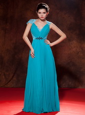 Teal V-neck Floor-length Chiffon Lace Dress For Prom Wear Inexpensive