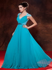 Teal V-neck Floor-length Chiffon Lace Dress For Prom Wear Inexpensive