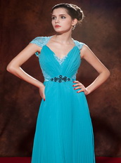 Teal V-neck Floor-length Chiffon Lace Dress For Prom Wear Inexpensive