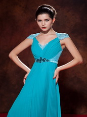 Teal V-neck Floor-length Chiffon Lace Dress For Prom Wear Inexpensive